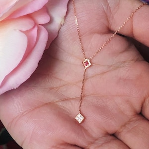Diamond lariat necklace, Ruby lariat necklace, Diamond Y necklace, Dainty lariat necklace, Rose gold ruby necklace, Minimalist necklace gold