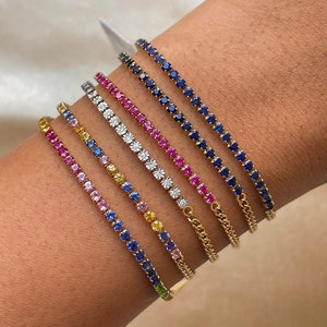 Half and Half bracelet solid gold, Gemstone tennis bracelet, Natural gemstone bracelet, Gold Birthstone bracelet, 14k gold rainbow bracelet
