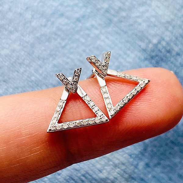 Diamond triangle earrings, Pave geometric studs, Natural diamond studs, Diamond jacket earrings, Front and back earrings, Dainty studs gold