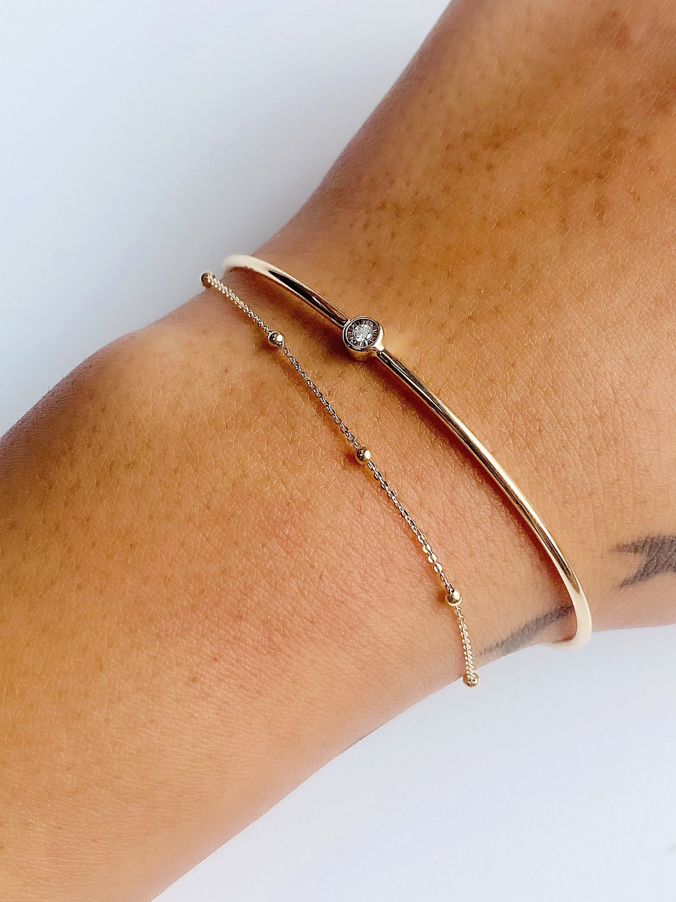 14k Gold Double Layer Bangle Gold Stackable Bangle Women Etsy