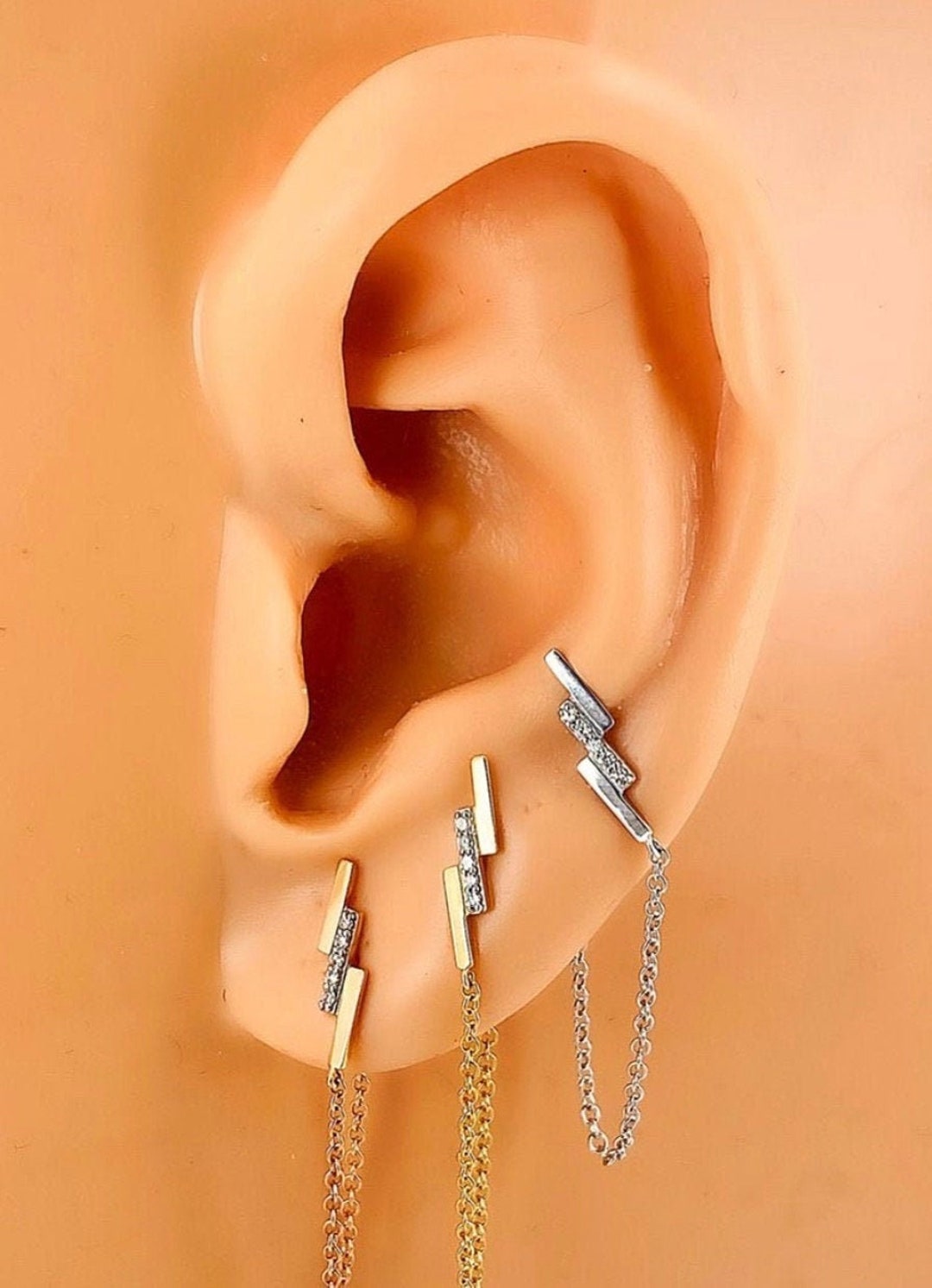 Diamond Chain Earrings Solid Gold Lightning Bolt Earrings Etsy