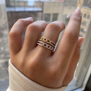 Miami cuban chain ring, Diamond cuban chain ring, Half and half ring, Diamond chain ring, Real 14k Gold stacking ring, Real gold chain ring