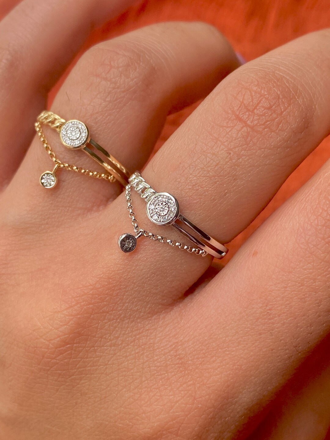 14k Solid Gold Charm Ring Diamond Charm Ring Dangle Chain Etsy