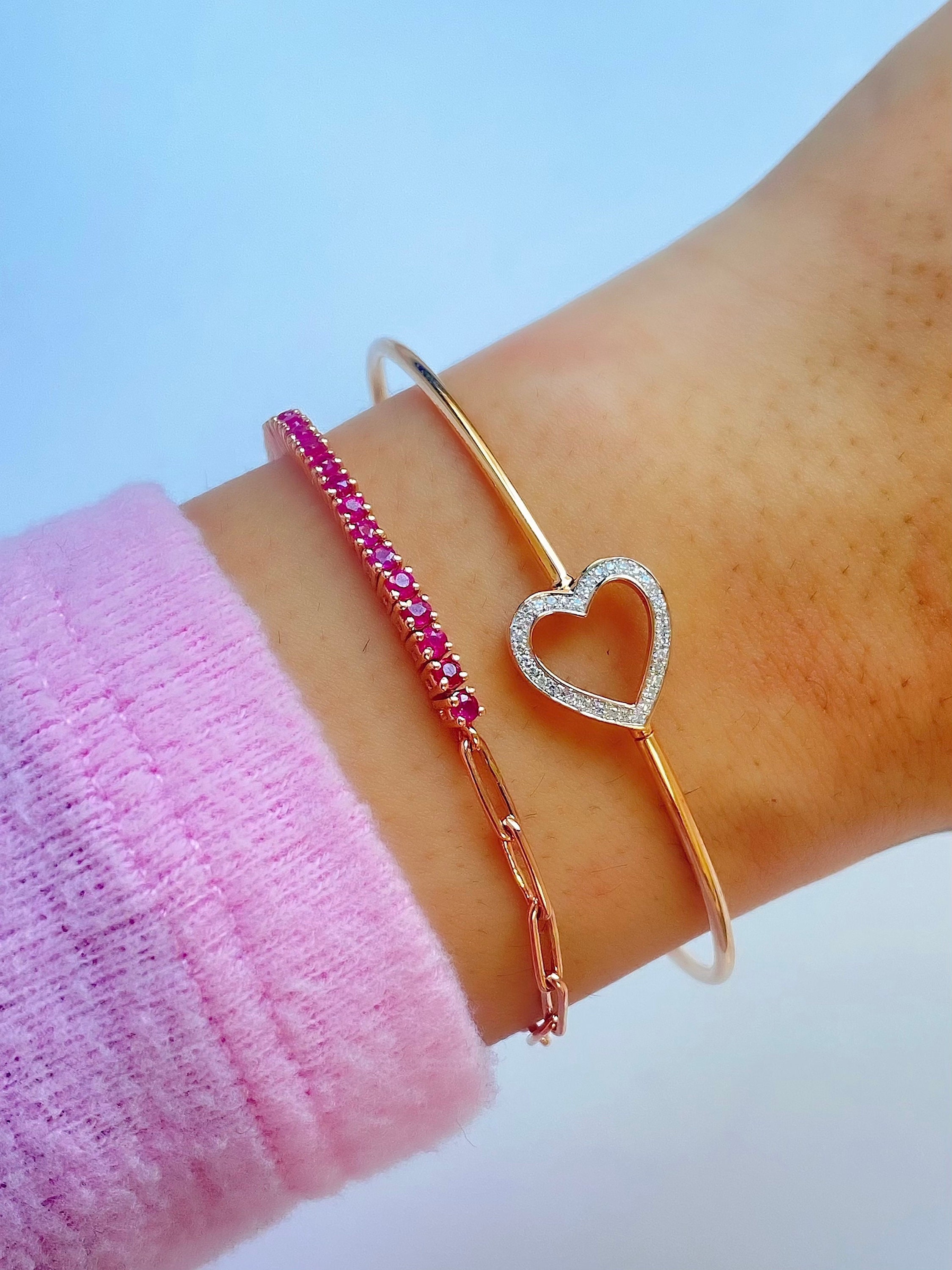 Heart Bangle Bracelet Stacking Bracelet Solid Gold Diamond Etsy