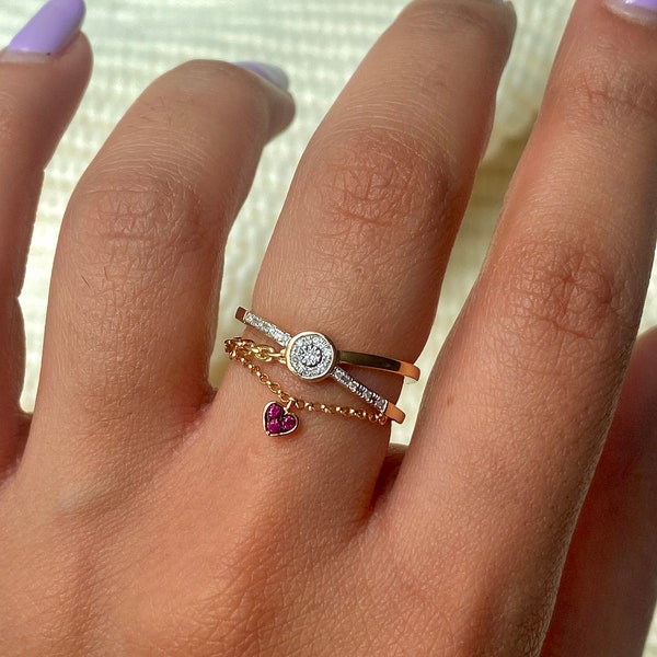 Diamond charm ring, Ruby heart ring gold, Diamond heart ring, Criss cross gold ring, Dainty charm ring, Dainty diamond ring, Ruby charm ring