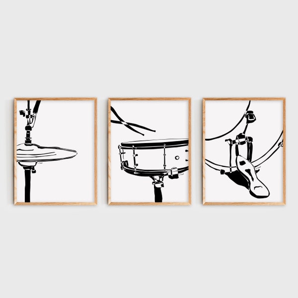 Ensemble de 3 Drum Set Wall Art, Drums Poster, Minimalist Black and White Digital Art Print, Music Room Decor, Music Studio Decor, Gift
