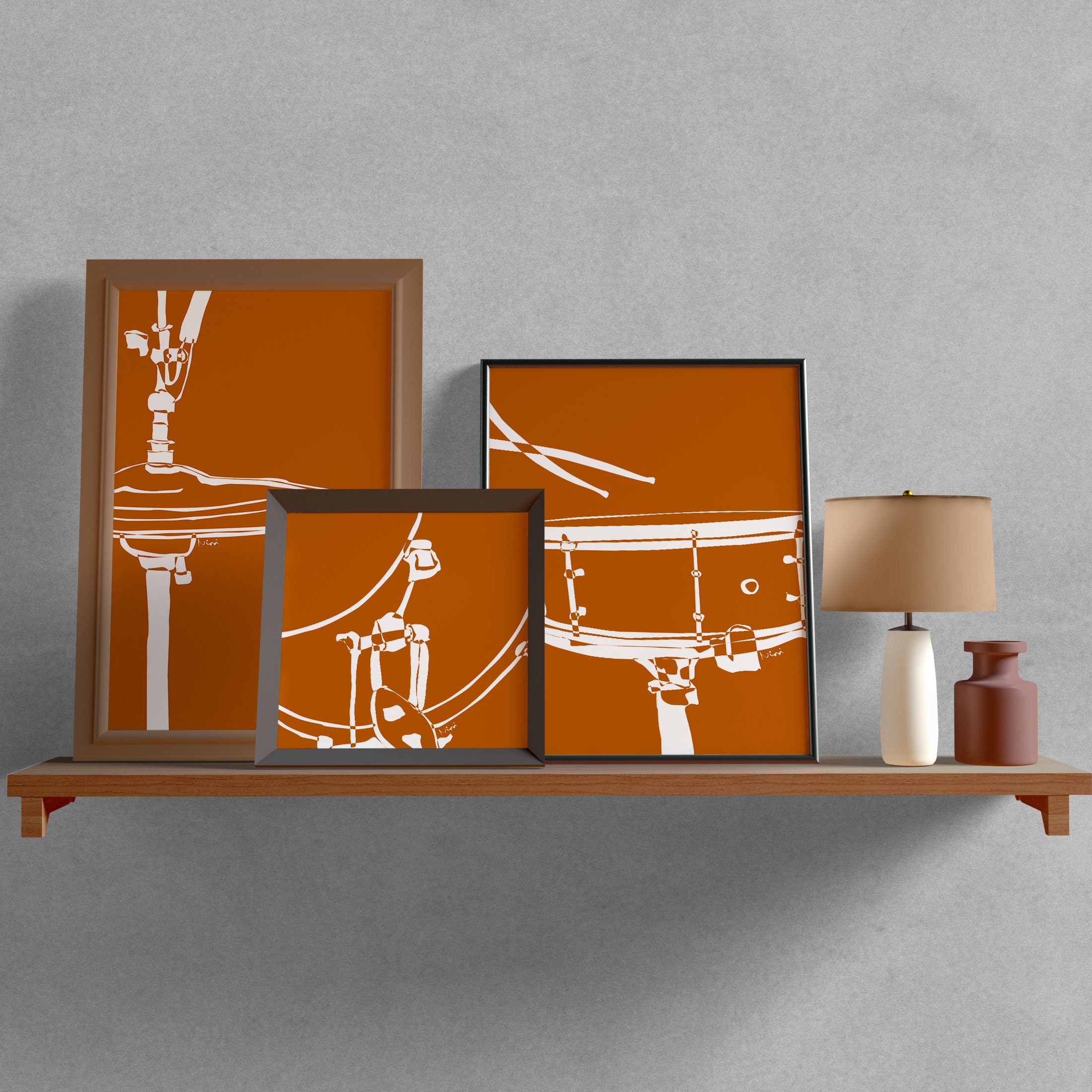 Set of 3 Drum Set Wall Art, Drums Poster, Minimalist Terra Cotta Tenne
