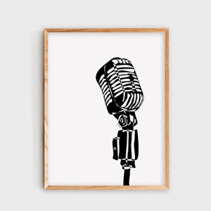 Vintage Microphone Wall Art, Microphone Music Poster, Black Minimalist Digital Art Print, Music, Music Room Decor, Music Studio Decor, Gift