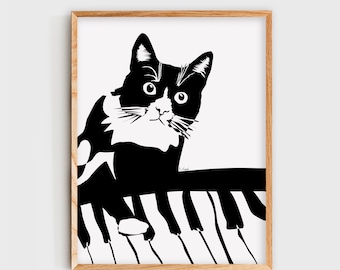 May include: Black and white illustration of a cat playing a piano. The cat is sitting on the piano keys and has a surprised expression on its face.