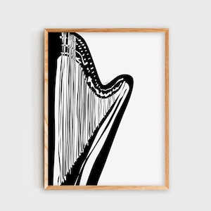 Harp Wall Art, Harp Poster, Minimalist Black and White Digital Art Print, Music, Decor, Music Studio, Gift, String Instrument
