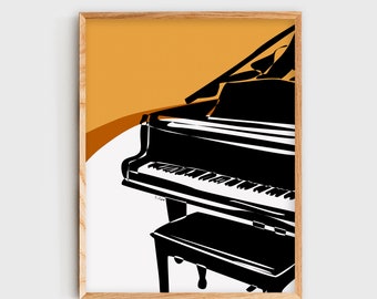 May include: A black and white illustration of a grand piano with a stool. The piano is set against a yellow background.