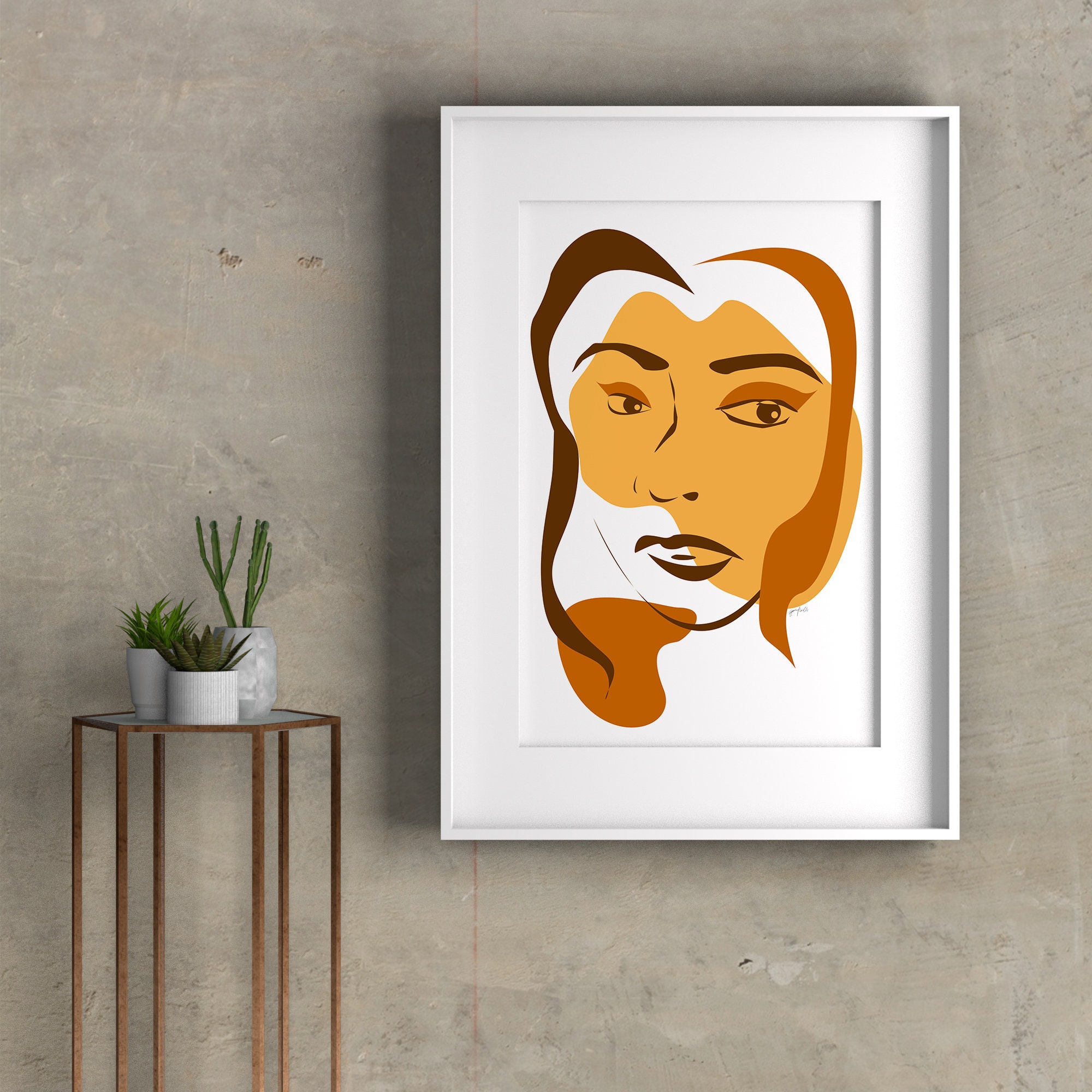 Abstract Woman Face Wall Art, Minimalist Brown & Copper Digital Art ...