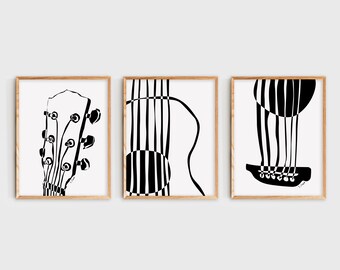 Kunstafdrukken akoestische gitaar: minimalistisch decor muziekkamer (digitale download)