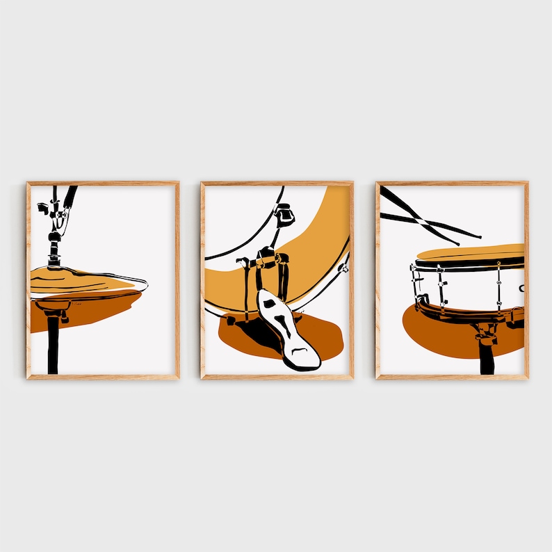 Set of 3 Drum Set Wall Art, Drums Poster, Minimalist Terra Cotta Tenne
