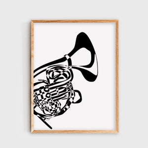 French Horn Wall Art, French Horn Poster, Minimalist Black White Digital Art Print, Music, Decor, Music Studio, Gift Brass Instrument