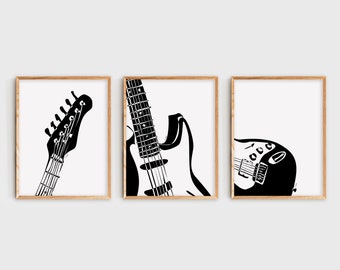 Kunstafdrukken elektrische gitaar: minimalistisch muziekkamerdecor (digitale download)