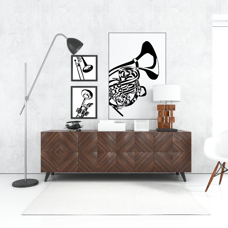 French Horn Wall Art, French Horn Poster, Minimalist Black White