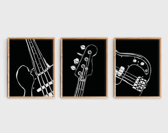 Kunstafdrukken basgitaar: minimalistisch muziekkamerdecor (digitale download)