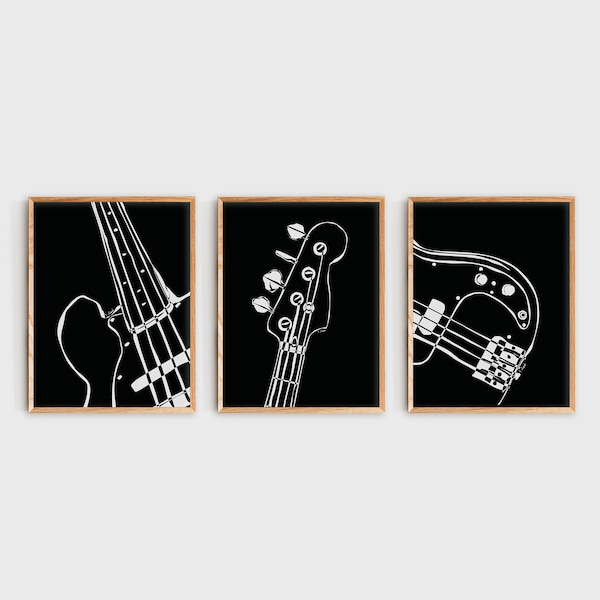 Set of 3 Bass Guitar Wall Art, Guitar Poster, Minimalist Black and White Digital Art Print, Music Room Decor, Music Studio Decor, Gift