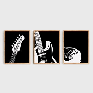 Set of 3 Electric Guitar Wall Art, Guitar Poster, Minimalist Black and White Digital Art Print, Music Room Decor, Music Studio Decor, Gift