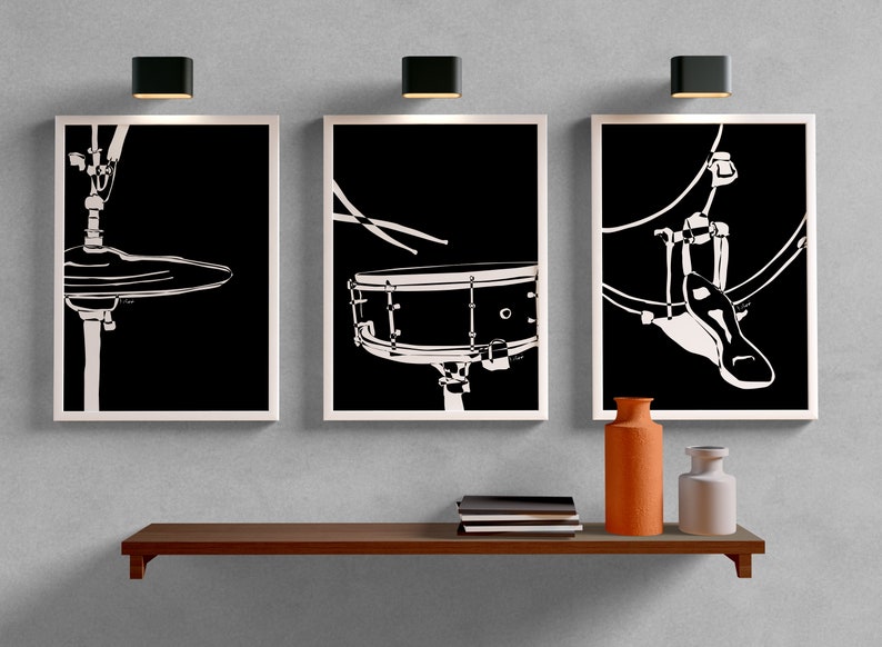 Set of 3 Drum Set Wall Art Drums Poster Minimalist Black and Etsy