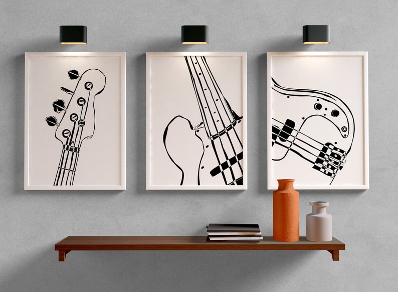 Set of 3 Bass Guitar Wall Art Guitar Poster Minimalist Black Etsy