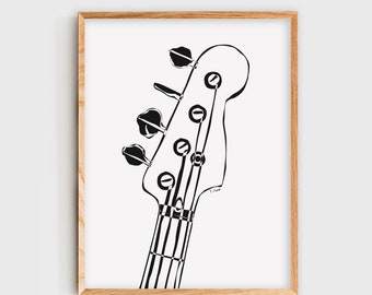 Art Print basgitaar kop: minimalistisch muziekkamerdecor (digitale download)