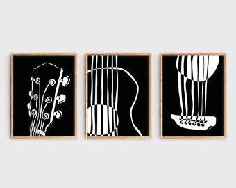 Set of 3 Acoustic Guitar Wall Art, Guitar Poster, Minimalist Black and White Digital Art Print, Music Room Decor, Music Studio Decor, Gift