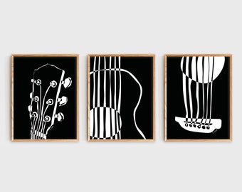 Kunstafdrukken akoestische gitaar: minimalistisch decor muziekkamer (digitale download)