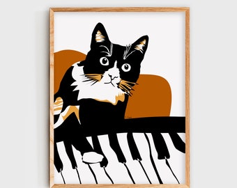 May include: A black and white calico cat with orange markings sits on a black and white piano keyboard. The cat is looking to the right of the image. The background is white with a brown and orange abstract shape behind the cat.