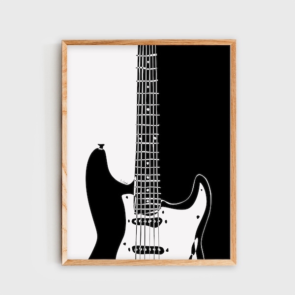 Electric Guitar Wall Art, Stratocaster Guitar Poster, Minimalist Black & White Digital Art Print, Music, Music Room Decor, Studio, Gift