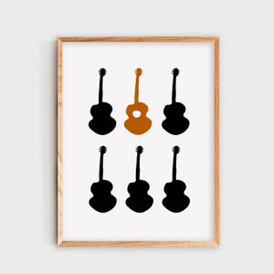 Acoustic Guitar Wall Art, Minimalist Black and Terra Cotta Digital Art Print, Music Poster, Contemporary, Home decor, Printable Download