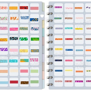 May include: A double-sided notebook with a variety of colorful washi tapes. The tapes feature different patterns, including stripes, polka dots, hearts, and geometric shapes.