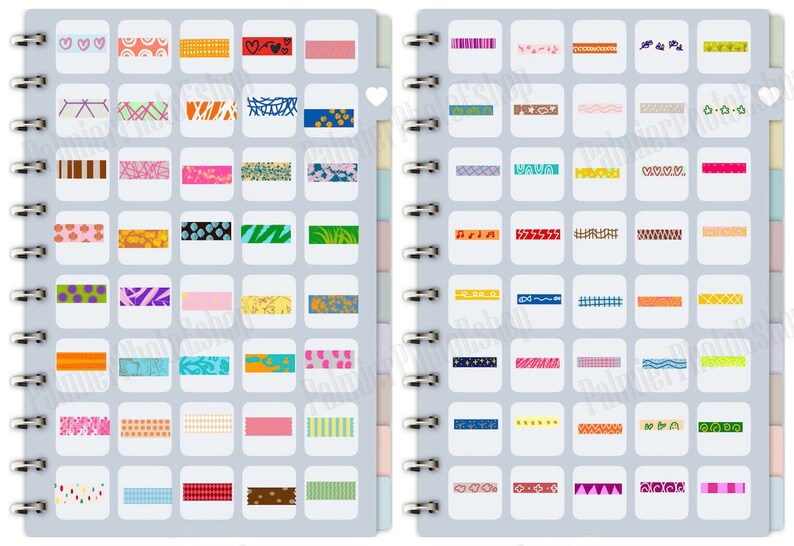 May include: A double-sided notebook with a variety of colorful washi tapes. The tapes feature different patterns, including stripes, polka dots, hearts, and geometric shapes.