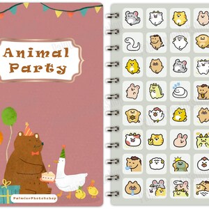 May include: A pink spiral bound notebook with the words "Animal Party" on the front cover. The back cover has a grid of colorful animal illustrations.