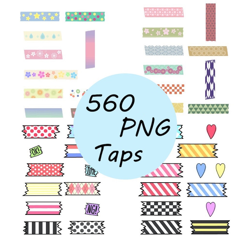 May include: A collection of 560 colorful washi tape designs. The tapes feature various patterns, including polka dots, stripes, hearts, stars, flowers, and geometric shapes.