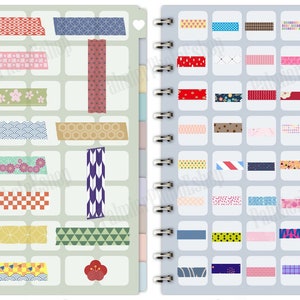 May include: A notebook with two pages of colorful washi tape samples. The left page has 10 different washi tape designs, and the right page has 40 different washi tape designs.