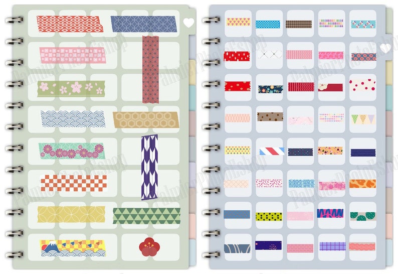 May include: A notebook with two pages of colorful washi tape samples. The left page has 10 different washi tape designs, and the right page has 40 different washi tape designs.
