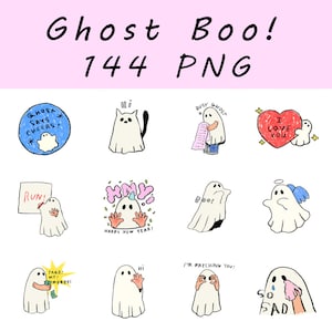 Könnte beinhalten: Ein Set mit 144 digitalen Geisterillustrationen im PNG-Format. Die Geister sind im Cartoon-Stil gezeichnet und zeigen verschiedene Ausdrücke und Posen, darunter ein Geist, der "Ghost says cheers!" sagt, und ein Geist, der "I love you" sagt.