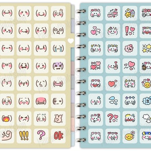 Puede incluir: Un cuaderno de espiral con dos secciones. El lado izquierdo tiene un fondo beige con una cuadr&iacute;cula de cuadrados blancos que contienen varias caras de dibujos animados. El lado derecho tiene un fondo azul claro con una cuadr&iacute;cula de cuadrados blancos que contienen varios animales de dibujos animados y corazones. El cuaderno tiene las palabras "OK" y "BYE" impresas en la parte inferior.