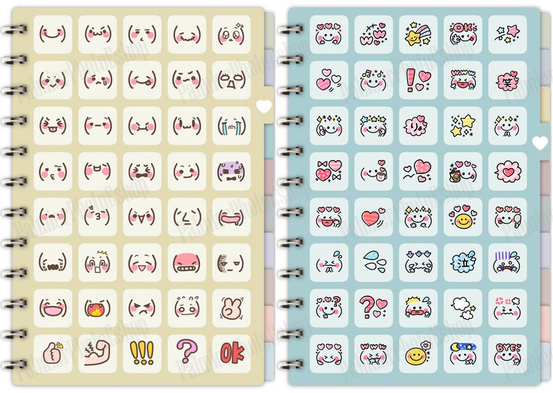 Puede incluir: Un cuaderno de espiral con dos secciones. El lado izquierdo tiene un fondo beige con una cuadr&iacute;cula de cuadrados blancos que contienen varias caras de dibujos animados. El lado derecho tiene un fondo azul claro con una cuadr&iacute;cula de cuadrados blancos que contienen varios animales de dibujos animados y corazones. El cuaderno tiene las palabras "OK" y "BYE" impresas en la parte inferior.
