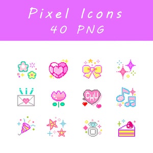 May include: Pixel icons graphic with various pixelated images, including flowers, hearts, bows, stars, an envelope, a flower, a heart with text, musical notes, a party popper, a ring, and a cake. The text "Pixel Icons 40 PNG" is at the top.