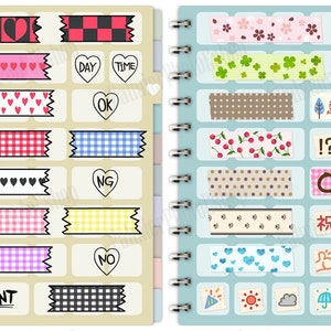 May include: A set of two pages of colorful washi tape designs. The left page has a beige background with black and white checkered, pink heart, and red and white checkered patterns. The right page has a light blue background with floral, green clover, brown polka dot, red cherry, and brown paw print patterns.