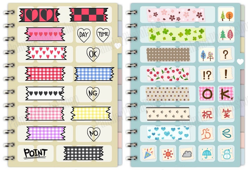 May include: A set of two pages of colorful washi tape designs. The left page has a beige background with black and white checkered, pink heart, and red and white checkered patterns. The right page has a light blue background with floral, green clover, brown polka dot, red cherry, and brown paw print patterns.