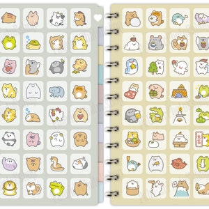 May include: A spiral bound notebook with a light gray cover featuring a grid of 72 colorful cartoon animal stickers. The stickers are arranged in rows and columns, with each sticker depicting a different animal, such as a cat, dog, bear, panda, and frog. The notebook is perfect for journaling, note-taking, or doodling.