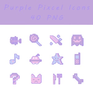 May include: A set of 12 pixel art icons in purple and pink colors. The icons include a fish skeleton, a lollipop, a sword, a ghost, a musical note, a spaceship, a star, a phone, a question mark, a cat, a fork and knife, and a staircase.