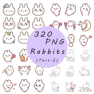 Op de afbeelding: Een set van 320 PNG-afbeeldingen met schattige cartoon-konijnen in verschillende poses en uitdrukkingen. De konijnen zijn wit met zwarte contouren en worden afgebeeld in verschillende activiteiten, zoals slapen, eten, spelen en het vasthouden van voorwerpen. De tekst "320 PNG Rabbits (Part 2)" wordt weergegeven in een paarse cirkel.