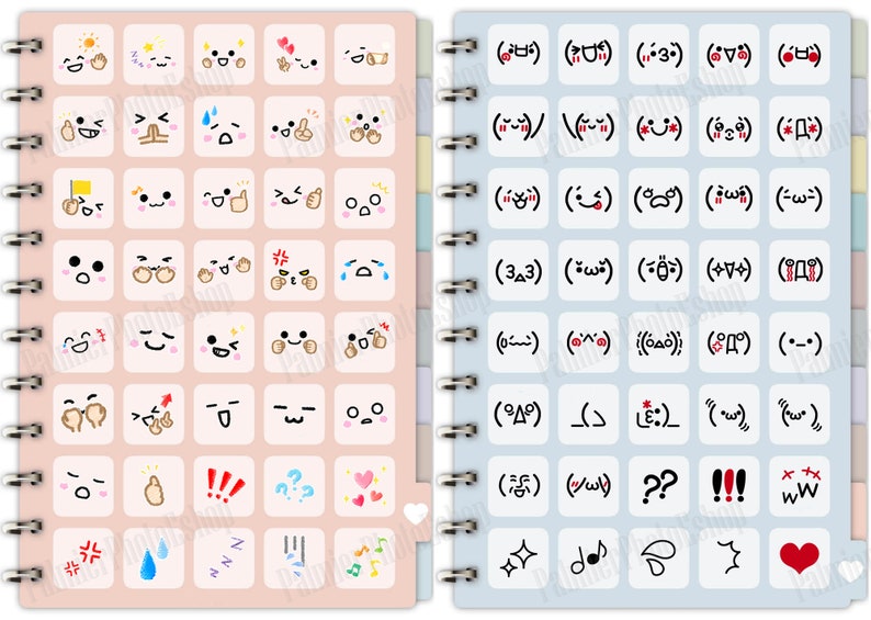 Puede incluir: Una libreta rosa y azul con encuadernaci&oacute;n en espiral. El lado izquierdo de la libreta tiene un fondo rosa con una cuadr&iacute;cula de 36 cuadrados blancos, cada uno con un emoji de dibujos animados diferente. El lado derecho de la libreta tiene un fondo azul con una cuadr&iacute;cula de 36 cuadrados blancos, cada uno con un emoji japon&eacute;s diferente.