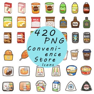 Puede incluir: Una colección de 420 iconos de tienda de conveniencia, que incluyen comida, bebidas y otros artículos. Los iconos son de estilo de dibujos animados y son coloridos.