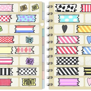 May include: A set of colorful washi tape with different patterns, including polka dots, stripes, hearts, and checkered designs. The tape is arranged in two columns on a beige background. The text "LOOK", "DAY", "OK!", "TIME", "NG!", and "POINT" are also included on the tape.